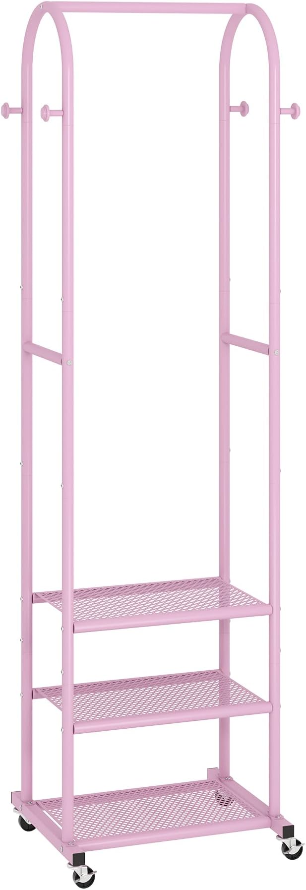 Kaitiemoo Heavy Duty Clothing Rack with Wheels,Modern Garment Rack with 3 Metal Shelves, 71.8Inches Display Rack for Hanging Clothes, Hanging Rod for Small Space,Pink