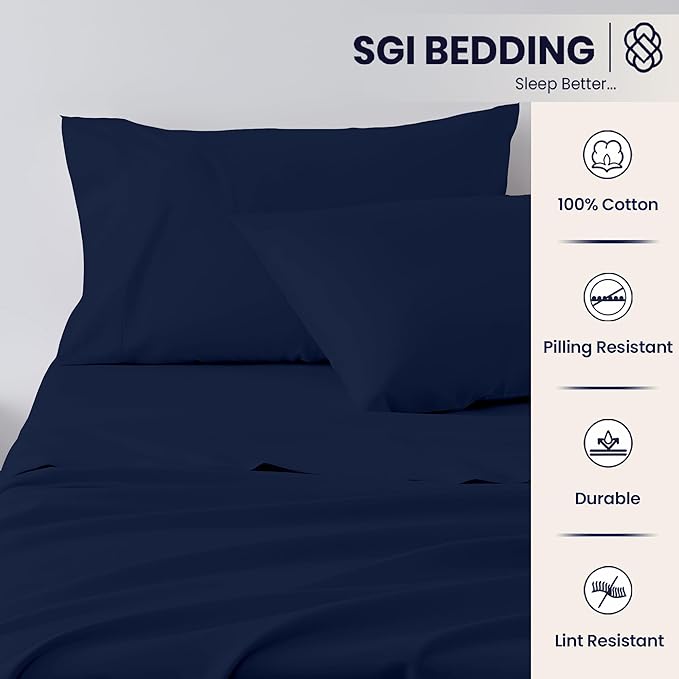 SGI Split King Sheet Set for Adjustable Bed Egyptian Premium Cotton 600 Thread Count Sheets for Sleep Number Bed 15" Deep Pocket 5 Pc Set with 2 Twin XL Fitted Sheets Soft Breathable -Navy Blue