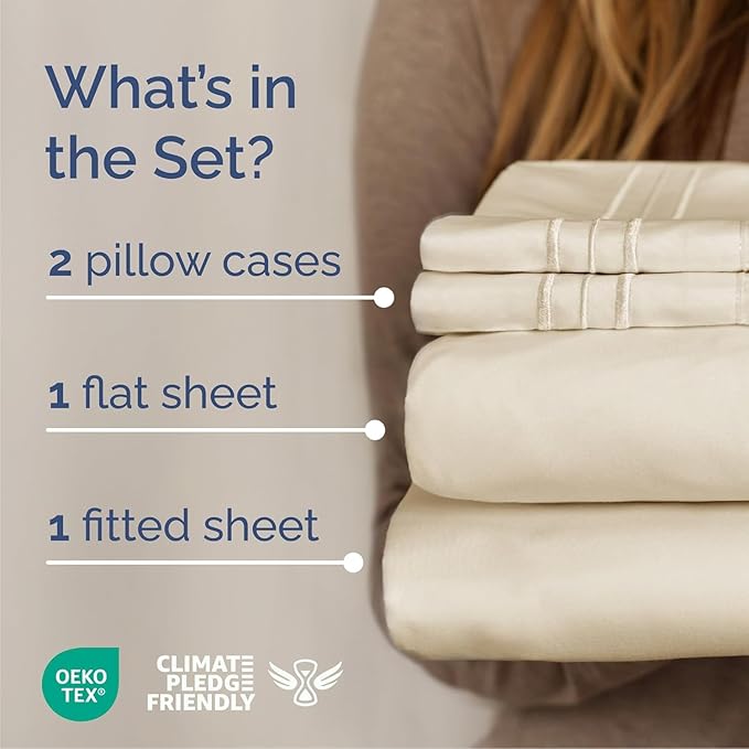 Cal King Size 4 Piece Sheet Set - Comfy Breathable & Cooling Sheets - Hotel Luxury Bed Sheets for Women & Men - Deep Pockets, Easy-Fit, Soft & Wrinkle Free Sheets - Off White Oeko-Tex Bed Sheet Set