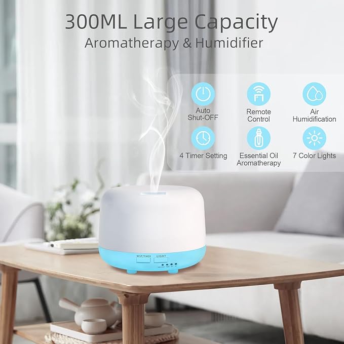 Marchred 300ML Essential Oil Diffuser with Remote Control, 7 LED Color Changing Light, 8 Hour Cool Mist Fragrance Air Humidifier