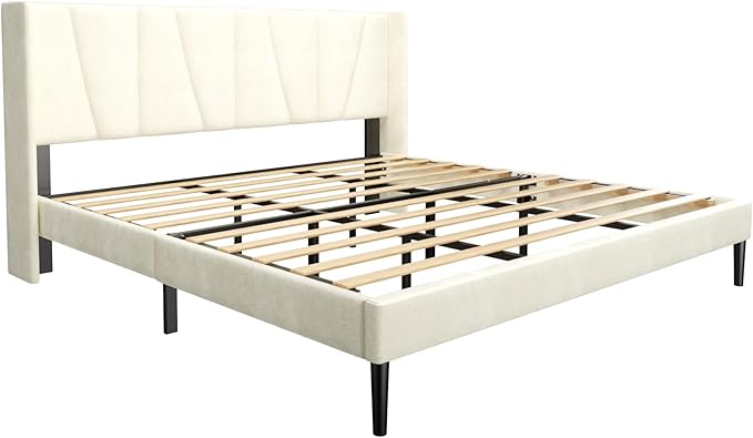 Sismplly King Bed Frame with Headboard, Velvet Upholstered King Size Platform Bed with Wingback, Mattress Foundation with Wooden Slat Support, No Box Spring Needed, Easy Assembly, Noise Free, Beige