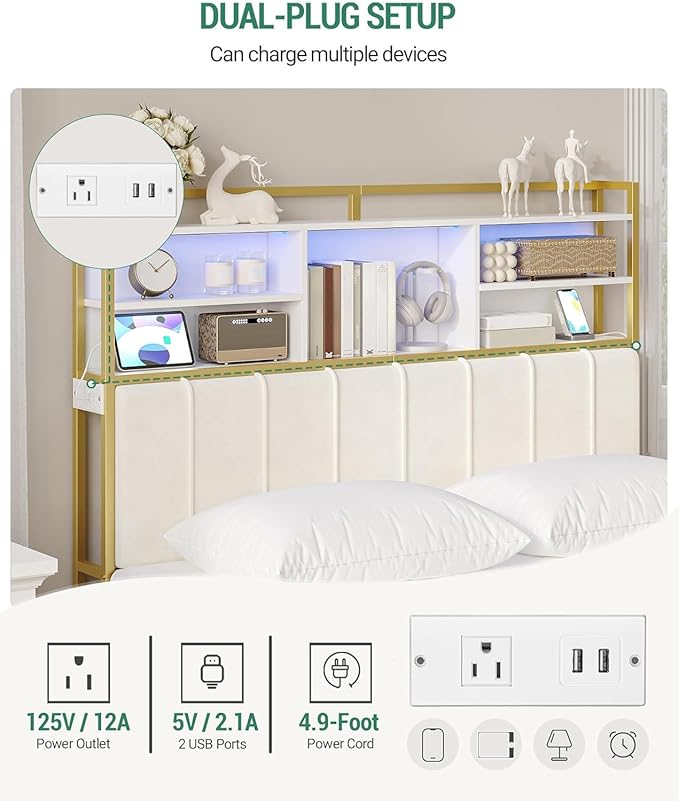 Hzuaneri Headboard with 3-Tier Storage Shelves, Velvet Upholstered Head Board with 2 Outlets, USB Ports & LED Light, Soft Backrest for Queen Size Bed, White and Gold BH15203AV1
