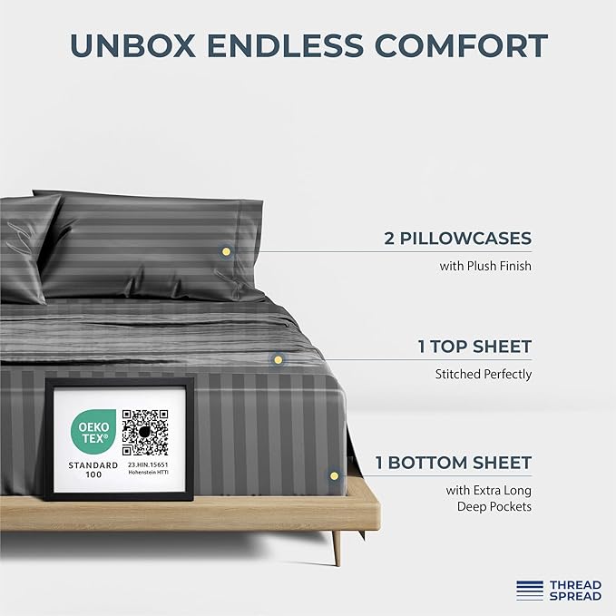 THREAD SPREAD 100% Egyptian Cotton Damask King Size Sheets Set - Luxury 1500 Series Egyptian Cotton Sheets King Size (4 PC, Dark Grey Stripe), Silky Soft, Sateen & Cooling, 17" Deep Pocket Bed Set