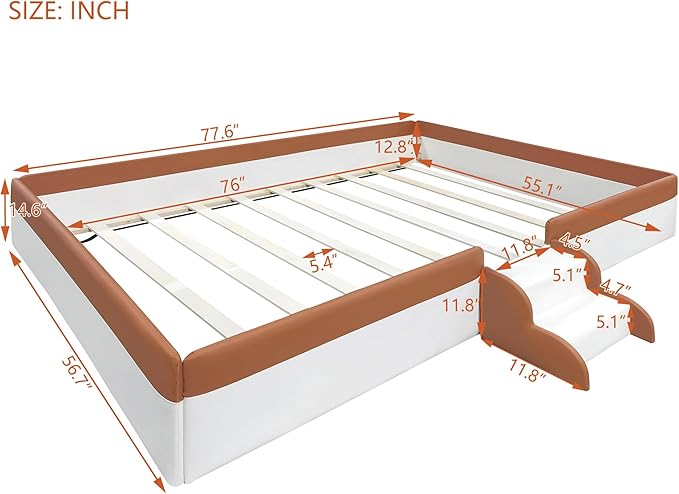Merax Full Size Daybed Frame with Fence and Stairs, Upholstered Wood Bed for Living Room, Floor Bed, White+Brown