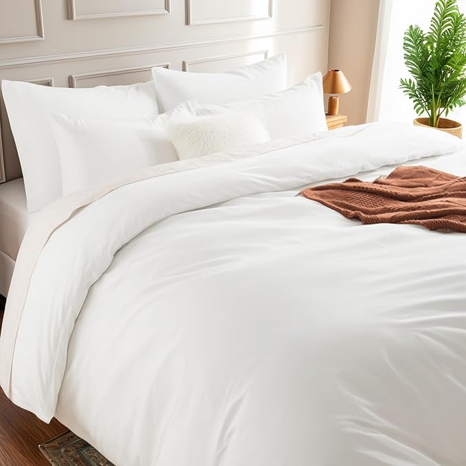 NEXHOME PRO Duvet Cover Set 100% Washed Cotton Oversized King 120"x98" Linen Feel Textured Organic Natural 3 Pieces Bedding Set with Zipper Closure and Corner Ties, Breathable(White, No Comforter)