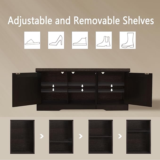 DINZI LVJ Shoe Bench, Entryway Storage Bench with Doors, Cushion, 2-Tier Shoe Rack with 6-Cubby, 39.4”L x 13.8”W Shoe Organizer Cabinet, Adjustable Shelf, Living Room, Bedroom, Espresso with Rattan