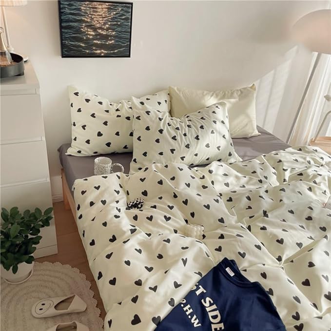 Nayoroom Black and White Heart Duvet Cover Twin Size Black Hearts Printed on White Bedding Set 2 Pcs Cute Kawaii Soft Breathable Microfiber Comforter Cover Valentine Gifts for Kids Girls