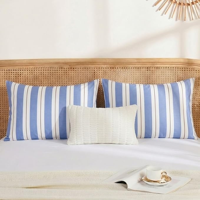 Merryword Blue and White Striped Pillowcases, King Size Pillowcases, 100% Cotton Pillow Cases, Soft Breathable Wide Stripes Pillow Covers, Set of 2