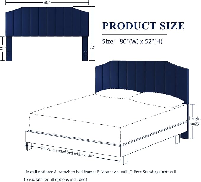 Furpopup King Size Headboard Only, Velvet Upholstered Headboard King/California King Size Wall Mount and Bed Frame Mount, Featuring High-Density Sponge Padding Easy Assembly Comfort Style-Navy Blue