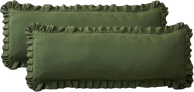 Ruffled Body Pillow Pillowcases Set of 2 – Soft Wrinkle Resistant Brushed Microfiber Body Pillowcases –Envelope Pillow Shams Festive Gift for Hotels, Guest Rooms 20x54 Inch (Olive Green)