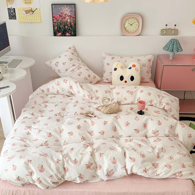 Nayoroom Pink Peach Duvet Cover Queen Size Kawaii Fruit Peaches Rabbit Printed on White Comforter Cover 3Pcs Kids Girls Soft Breathable Microfiber Cute Cartoon Bedding Set with Zipper Closure