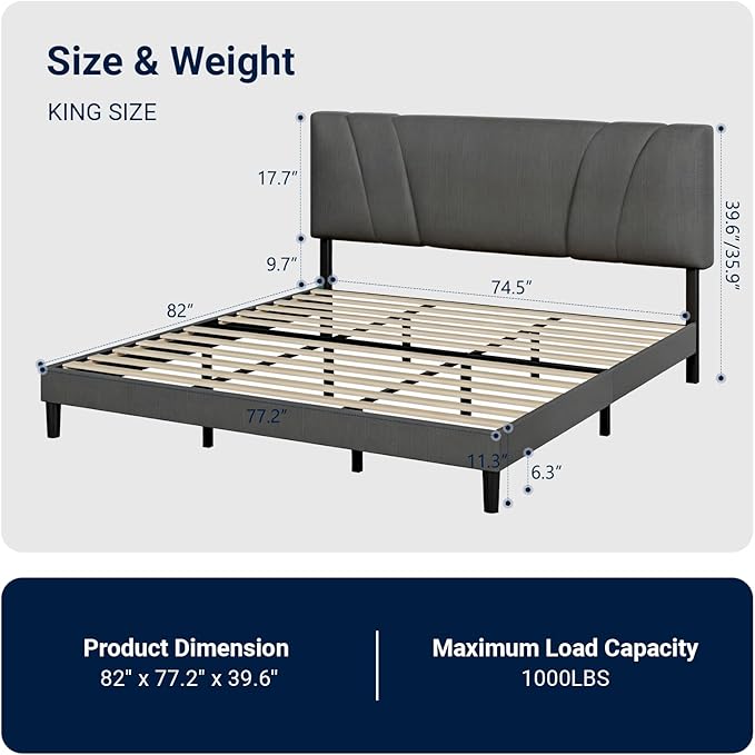 Avenco King Bed Frame, Upholstered Platform Bed Frame with Adjustable Headboard, Wood Slat Support, Easy Assembly, No Box Spring Needed, Light Grey