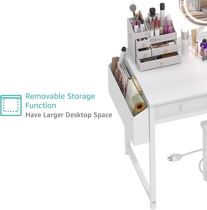Lufeiya White Makeup Vanity Desk with Mirror and Lights, 40 inch Make Up Vanity Desks with Drawers & Power Outlet, Dressing Table and Chair Set for Girls Bedroom, White