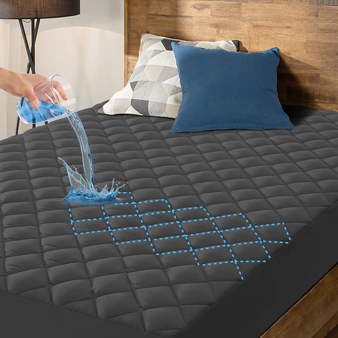 HYLEORY Queen Size Waterproof Mattress Pad Protector, Breathable Quilted Mattress Cover Noiseless Waterproof Fitted Sheet Mattress Topper Upto 21" Deep Pocket, Dark Grey