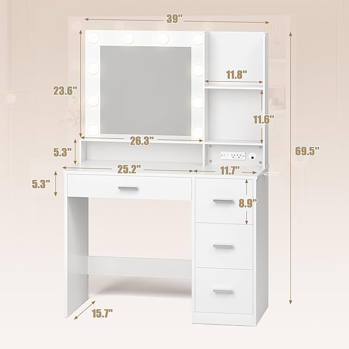 JUMMICO 39" Vanity Desk with Mirror & Power Outlet, 10 Lights, Makeup Vanity Table with 4 Large Drawers and 3 Storage Shelves, 3 Model Adjustable Lights for Bedroom & Dressing Room (White)