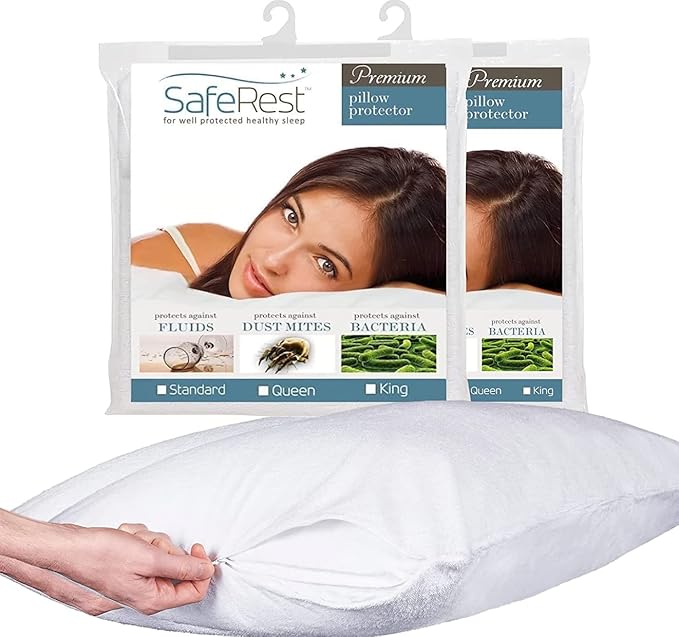 SafeRest Pillow Protector - Pack of 2 - Standard Size Waterproof Pillow Cover - Zippered Pillow Encasement for College Dorm Room, New Home - Cotton Terry, Waterproof, Breathable