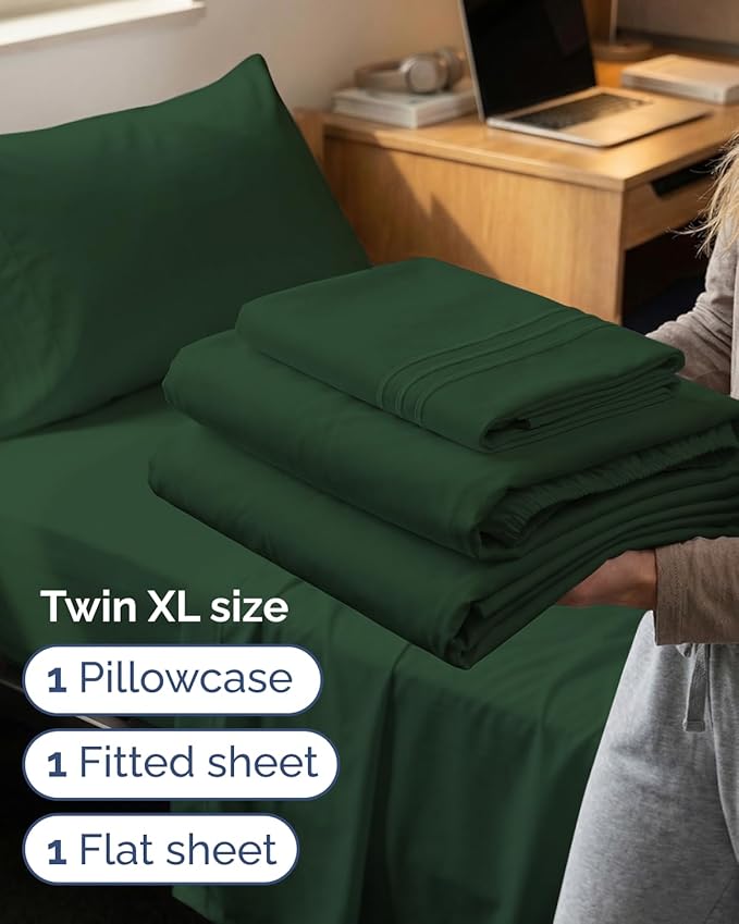 Twin XL Size 3 Piece Sheet Set - Comfy Breathable & Cooling Sheets - Hotel Luxury Bed Sheets for Women & Men - Deep Pockets, Easy-Fit, Soft & Wrinkle Free Sheets - Emerald Green Oeko-Tex Bed Sheet Set