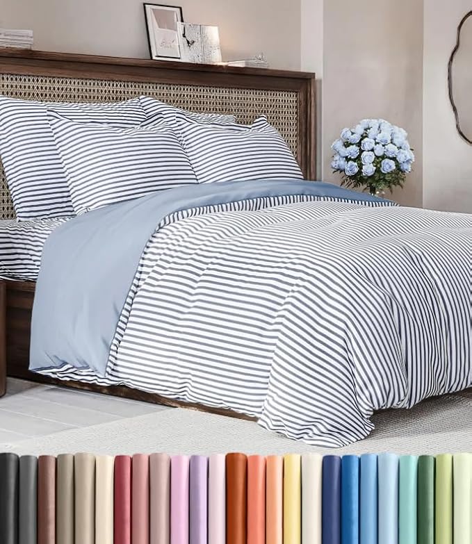 Duvet Cover King Size Set - Extra Soft King Duvet Cover 104" x 90" with 2 Pillow Shams - Hotel Luxury, Easy Care & Fade Free with Zipper Closures & Ties - All Season, Comfy & Breathable (Blue Stripes)