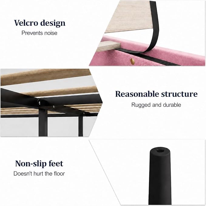 Queen Size Bed Frame with Headboard, Velvet Upholstered Platform Bed Frame, Sturdy Slatted Support for Springless Mattresses, Silent Operation, Easy to Assemble, Pink