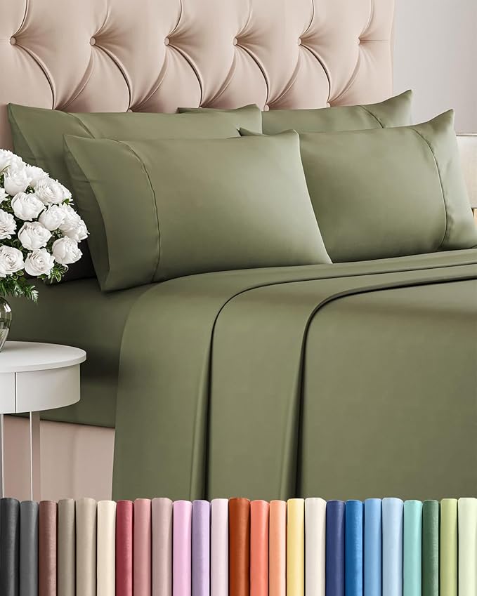 Full 6 Piece Sheet Set - Comfy, Breathable & Cooling - Hotel Luxury Bedding for Women, Men, Kids, Teens & Children - 1 Flat & 1 Fitted Sheet & 4 Pillowcases w/ Deep Pockets - Wrinkle Free - Sage Green