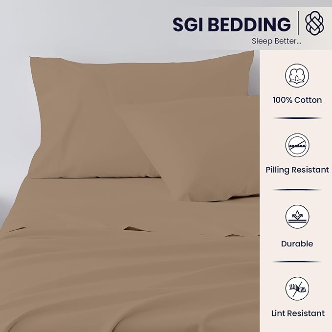 SGI Split King Sheet Set for Adjustable Bed Egyptian Premium Cotton 600 Thread Count Sheets for Sleep Number Bed 15" Deep Pocket 5 Pc Set with 2 Twin XL Fitted Sheets Soft Breathable -Taupe