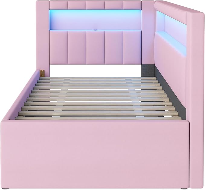 Merax Twin Size Modern Upholstered Platform Bed with USB Ports & Trundle Bed, Floor Daybed with Wood Slat Support, Storage Bed Frame with Headboard/Twin, Pink