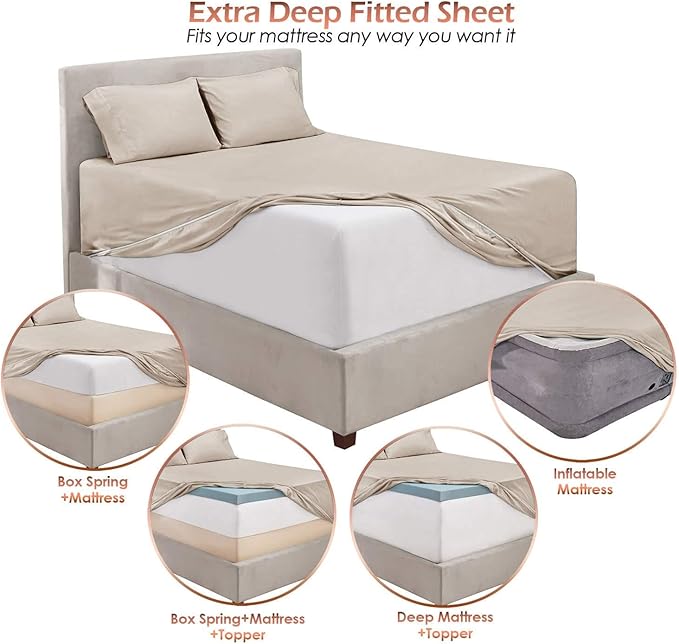 Hearth & Harbor Bed Sheets, Luxury Soft 6 Piece Bed Sheet Set Extra Deep Pocket Fitted Sheets Fits Mattress up to 21", Double Brushed Bedding Sheets & Pillowcases, Split King, Natrual Linen