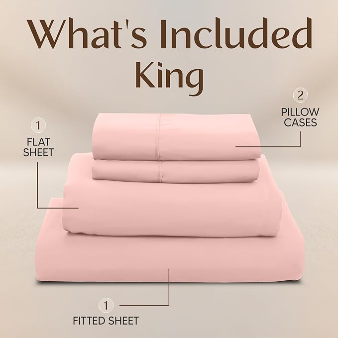 Utopia Bedding King Size Sheet Set – 4 Piece Bed Sheets, Soft and Breathable Microfiber, Includes 1 Fitted Sheet, 1 Flat Sheet and 2 Pillowcases – Oeko Tex (Tea Pink)