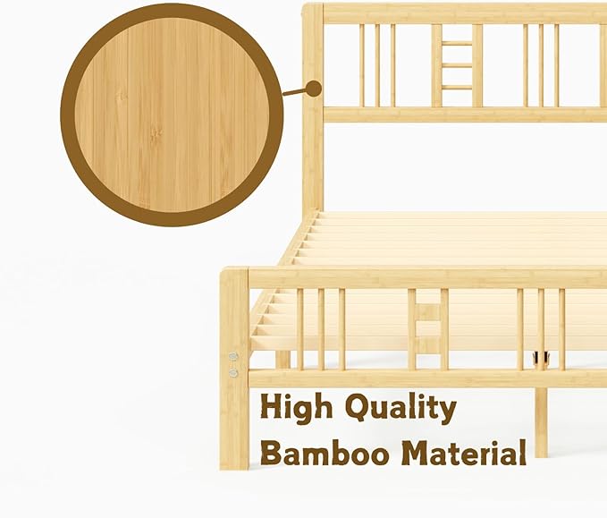 14 Inch High Bamboo Queen Bed Frame with Headboard and Footboard, Wood Bed Frame Queen Size Metal Slat Support Heavy Duty, No Box Spring Needed, Easy Assembly, Noise Free, Reinforced