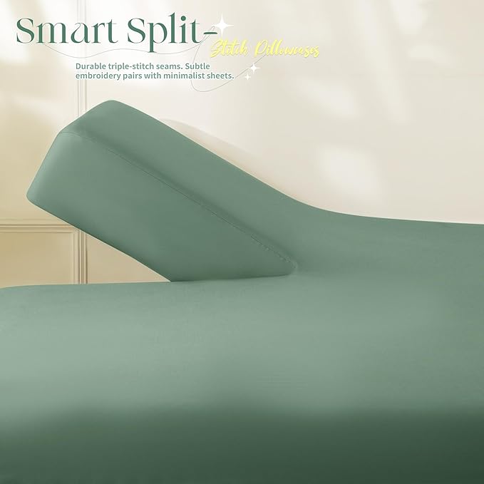 Manyshofu 4 Piece Split Head King Sheets Sets for Adjustable Bed Sheet, Flex Head Split Top King Sheets Sage Green Sheet Set - 1800 Thread Count Bedding Set with 14-16 Inch Deep Pockets
