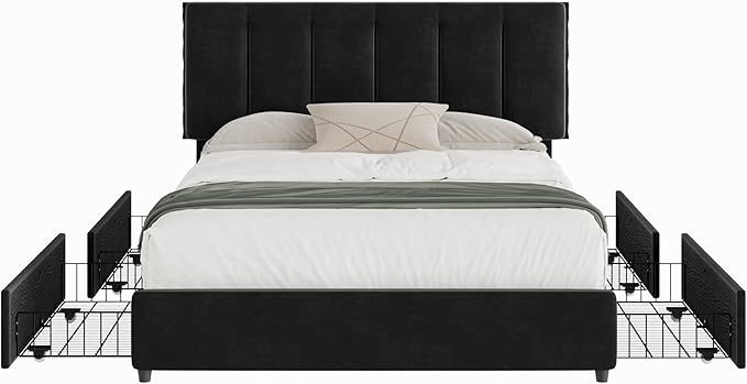 VECELO Queen Size Bed Frame with 4 Storage Drawers, Adjustable Height Headboard, Heavy-Duty Platform Bedframe with Strong Wooden Slats, No Box Spring Needed, Black