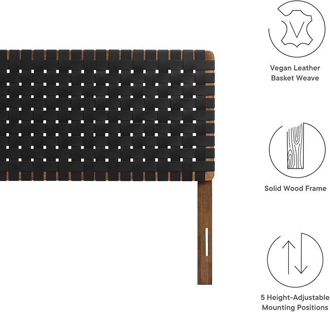 Modway Sparta Vegan Leather Weave King Headboard in Walnut Black Faux Leather King Headboard Only, Height Adjustable Headboard, Freestanding Headboard for Primary Bedroom or Guest Room