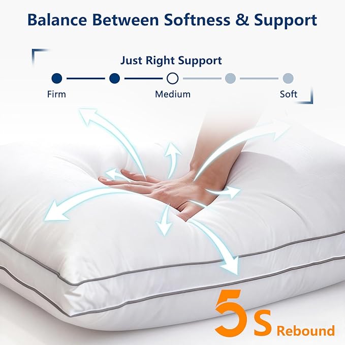 Goose Down Pillow Standard Size - 3-Chamber Gusseted Design for Balanced Neck Support - Luxury Hotel Collection Bed Pillow - Soft Medium Pillow for Side Back Sleepers - 1 Pack (20" x 26")