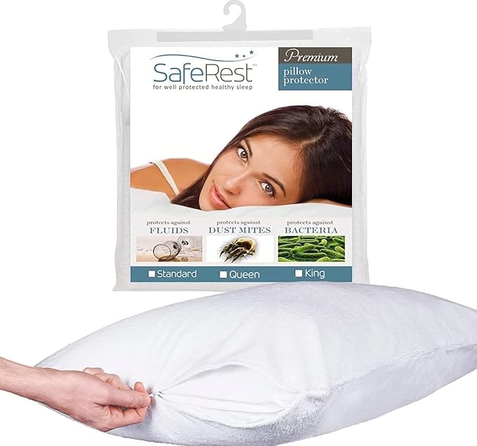 SafeRest Pillow Protector - Pack of 1 - Standard Size Waterproof Pillow Cover - Zippered Pillow Encasement for College Dorm Room, New Home - Cotton Terry, Waterproof, Breathable (1, King)