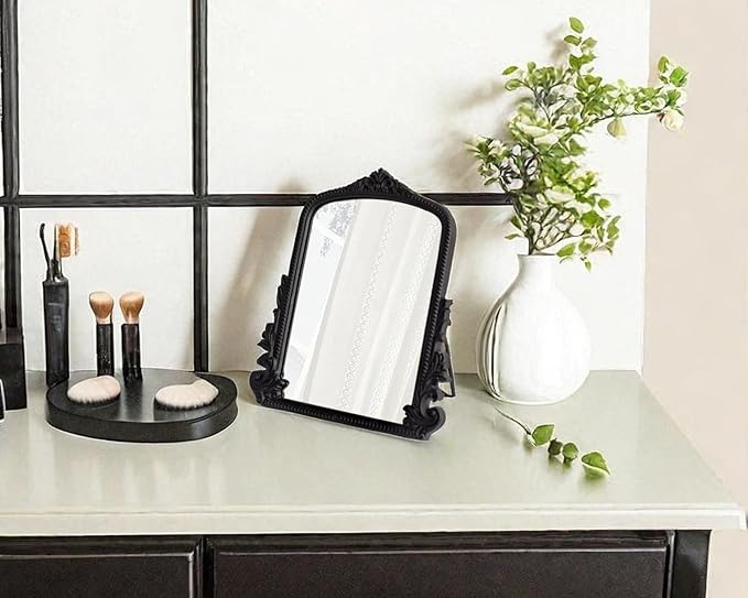 HSDDHOME Black Vintage Arched Vanity Mirror, Baroque Tabletop Makeup Mirror, Decorative Antique Mirror for Dresser, Bedroom, Living Room, 11.8" x 9.6"