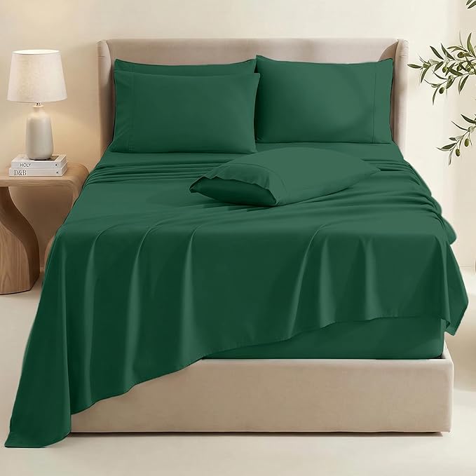 Hearth & Harbor Bed Sheets, Luxury Soft 6 Piece Bed Sheet Set Extra Deep Pocket Fitted Sheets Fits Mattress up to 21", Double Brushed Bedding Sheets & Pillowcases, Full, Dark Green