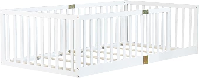 Bellemave Twin Size Montessori Floor Bed with 21.5" High Rails, Rubber Wood Twin Floor Bed with Slats, White