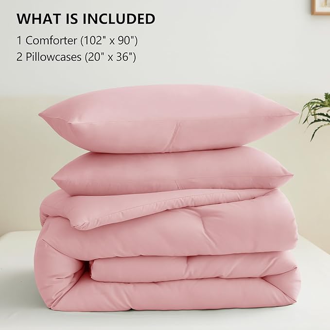 CozyLux King Size Comforter Set Pink, 3 Pieces Solid Comforters King Size Breathable Quilted Bedding Sets, Luxury Soft Lightweight Bed Set with Down Alternative Comforter and 2 Pillowcases All Season