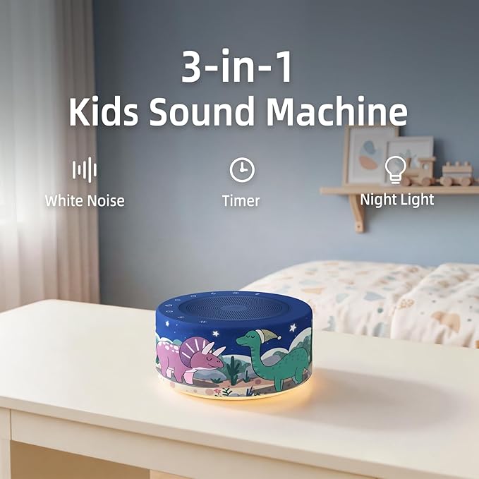 Kipcush White Noise Machine - Soft Non-Glare Nursery Lamp, 30 Soothing Sounds, 8 Color Lights, Max 8-Hour Timer for Baby & Adults