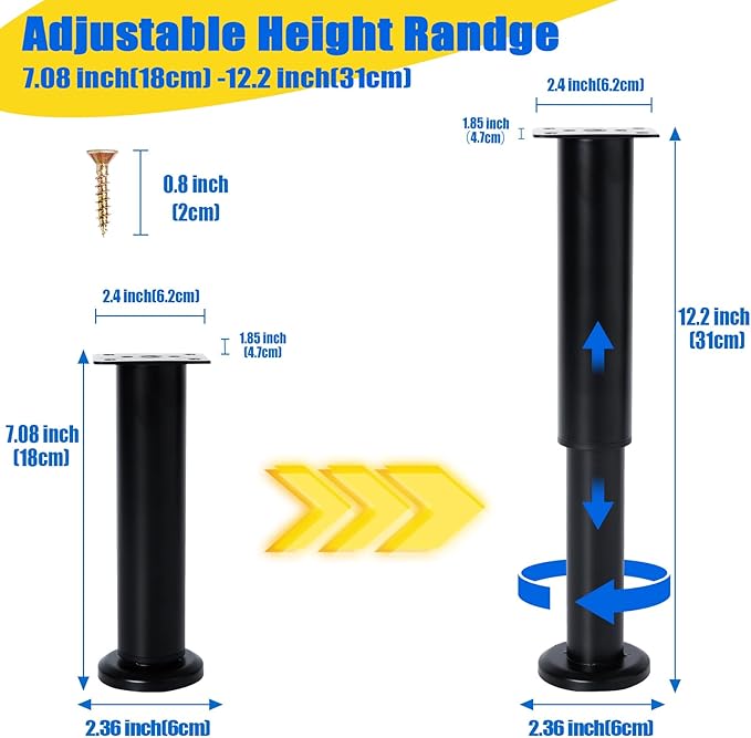 4 PCS Adjustable Height Bed Support Legs [with 18PCS Screws] for Bed Frame/Bed Center Slat, Heavy Duty Furniture Replacement Legs 7.08-12.2 inch for Sofa/Cabinet/Couch/Dresser/Table (Black)