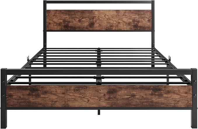 HOJINLINERO Full Size Bed Frame with Headboard, Heavy Duty Platform Bed Frame Full Reinforced Steel Square Tube Platform Strong Slats Support/No Box Spring Needed,Black and Rustic Brown