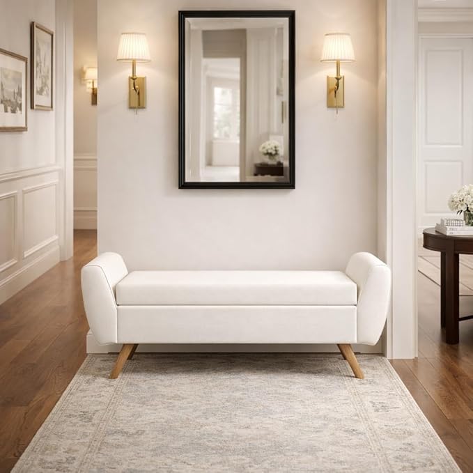 HomePop Modern Storage Bench with Wood Legs |Homepop Home Décor|Bench with Storage for Living Room & Bedroom - Cream Textured Woven