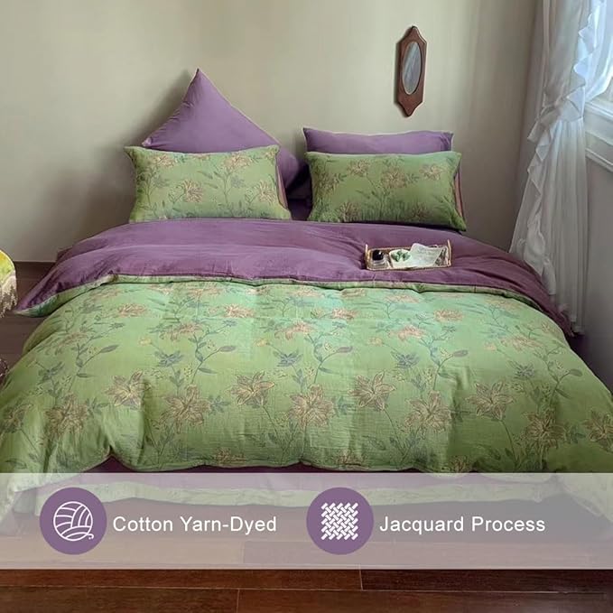 VM VOUGEMARKET Retro Flower Duvet Cover King,3Pcs Yarn-Dyed French Linen Jacquard Duvet Cover Set Mint Green Purple Bedding Set for Girls Women Without Comforter