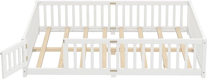 Bellemave Queen Floor Bed with Slats and Door, Queen Size Montessori Floor Bed with Fence and Door, Easy Assemble Montessori Beds Frame for Girls, Boys, White