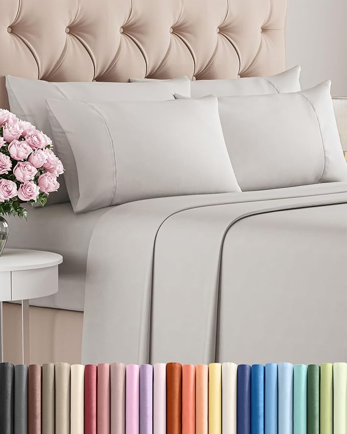Full 6 Piece Sheet Set - Comfy Breathable & Cooling - Hotel Luxury Bedding for Women, Men, Kids, Teens & Children - 1 Flat & 1 Fitted Sheet & 4 Pillowcases w/ Deep Pockets - Wrinkle Free - French Grey