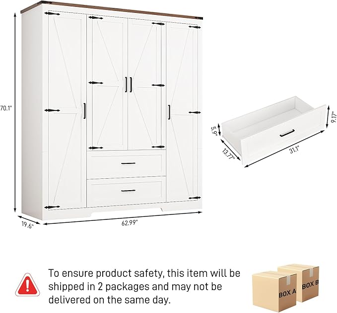 Hlivelood 4 Doors Wardrobe Armoire Closet with Doors and Drawers, Farmhouse Wooden Armoire Storage Cabinet with Shelves & Hanging Rod for Bedroom, White
