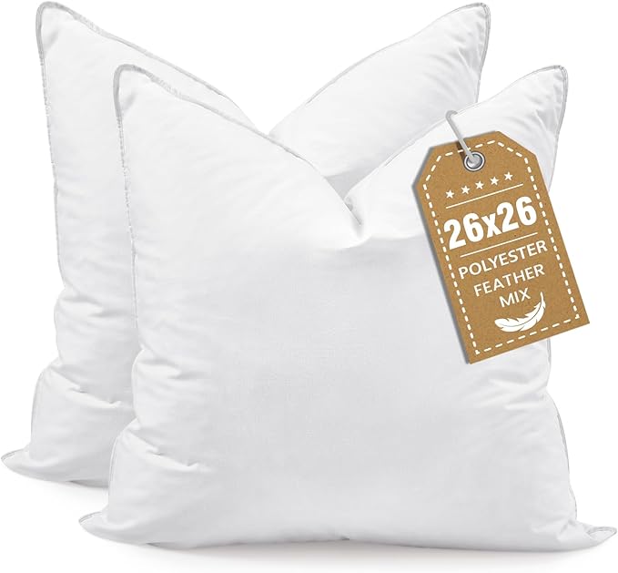 BHZ Euro Throw Pillow Inserts, 26x26 Down Feather Alternative Pillow Inserts Set of 2, Decorative Soft Large Square White Throw Pillows Insert for Couch Bed Dorm Sofa with Breathable Cover