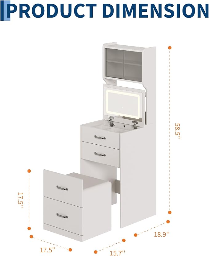 Garvee 3 in 1 Vanity Desk with 3 Color LED, Compact Makeup Vanity Set with 2 AC Outlets & USB, Dressing Table with Drawers & Acrylic Doors, Nightstand Vanity Mirror, Jewelry Box, Hidden Chair, White