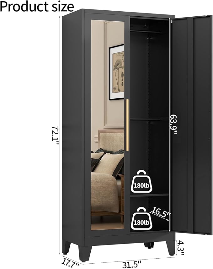 72" Tall Metal Armoire Wardrobe Closet - Large Clothing Storage Cabinet with Mirror Doors, 2 Hanging Rod & Adjustable Shelve - Closet Organizer for Bedroom, Office, Laundry Room, Garage - Black