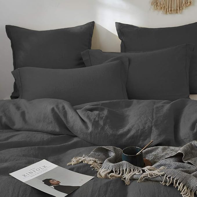 Simple&Opulence 100% French Linen Euro Shams with Embroidery (26'' x 26'') - Pack of 2 - Pre Washed Solid Color Natural Flax Soft Breathable - Dark Grey